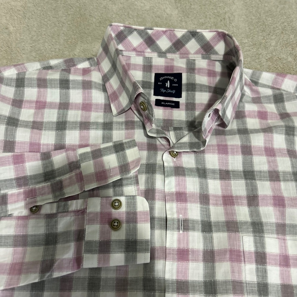 Johnnie-O Button‎ Down Shirt Mens XL Pink Grey Plaid Top Shelf Wada seersucker